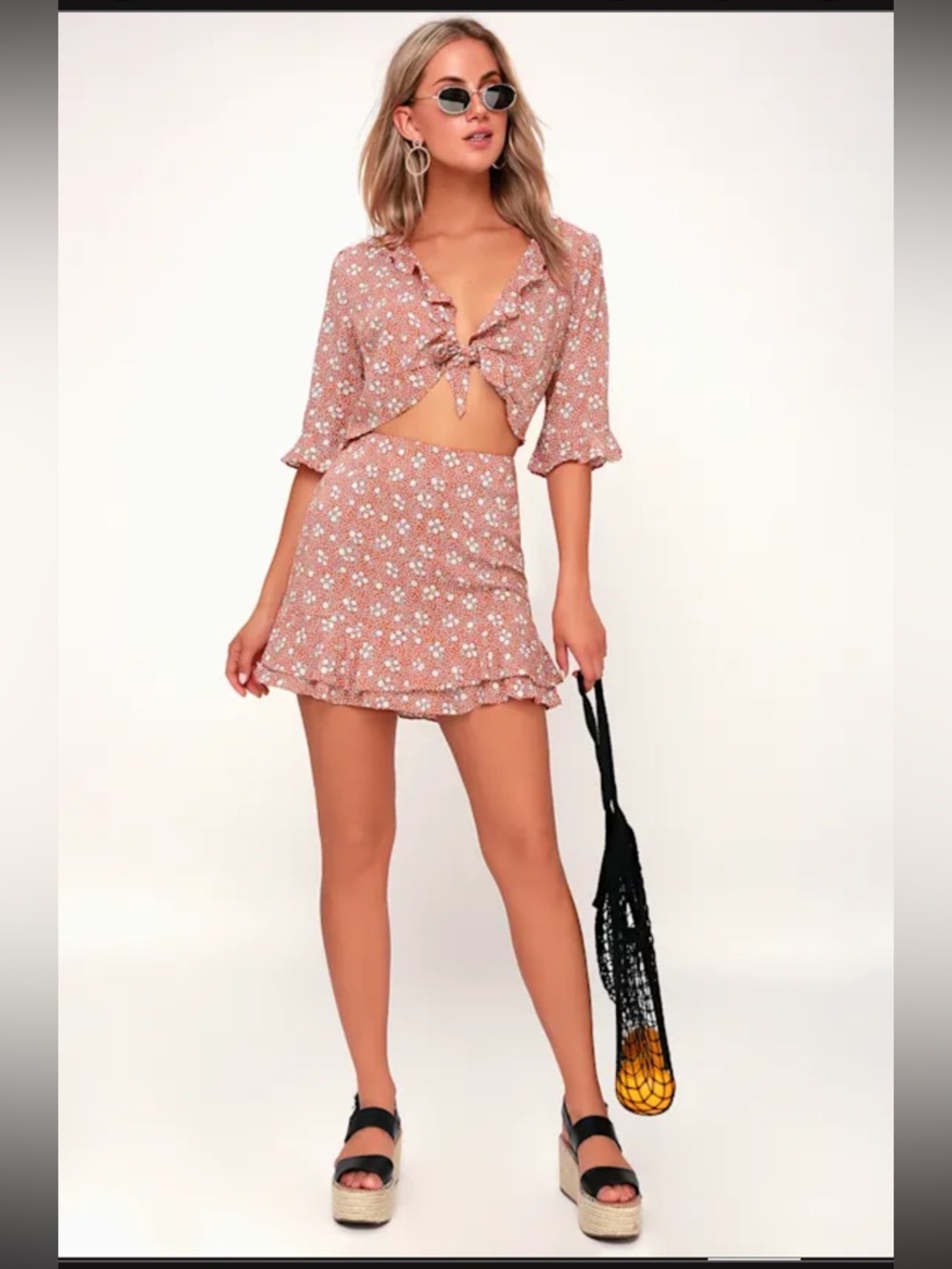 Lulus Carnation Crush Terra Cotta Floral Print Two-piece Dress Orange - Size XS